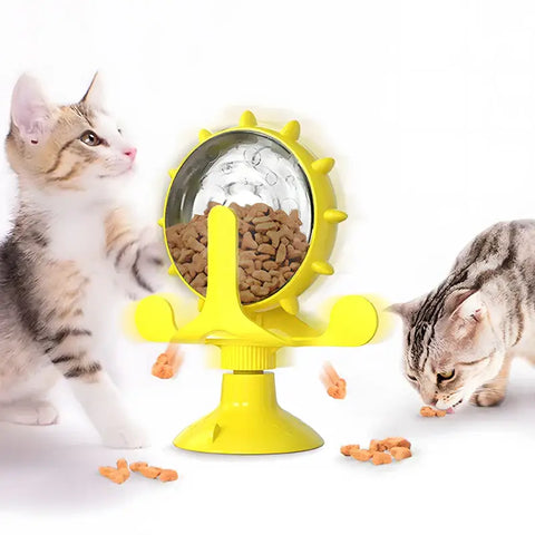 cat treat wheel interactive puzzle feeder food dispensing toy fun cat games indoor cat entertainment - Yellow