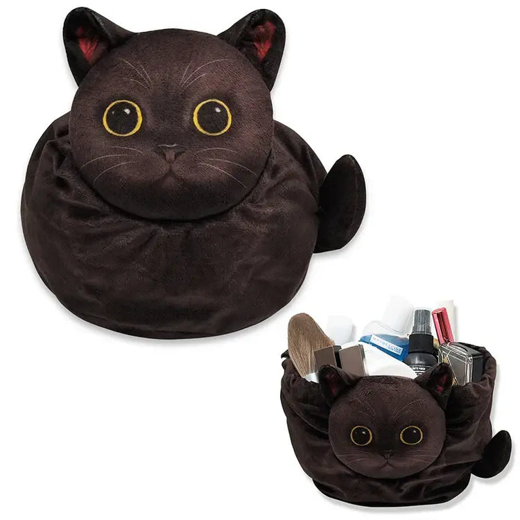 Cute Cat Makeup Bag Drawstring Closure 3D Cat Head Design Flat Cosmetic Pouch Gift for Women Cat Lovers Travel