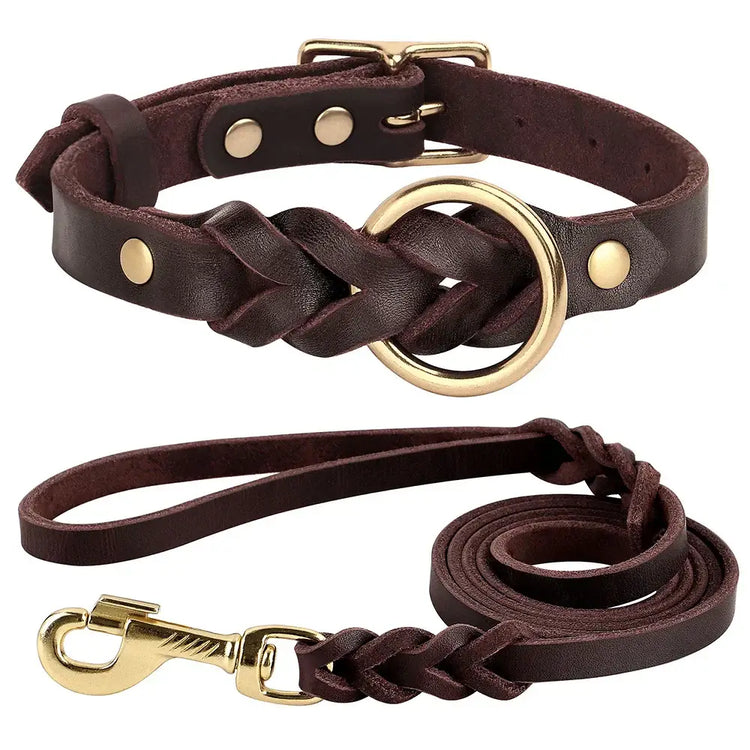 Ensemble collier et laisse en cuir pour chien - Brown Set / M
