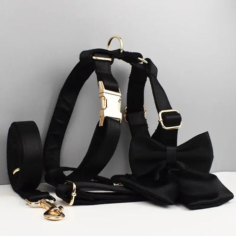 Pet Accessories Customized Designer Logo Luxury Silky Polyester Dog Collar Leashes Harness Bow Set Manufacturers