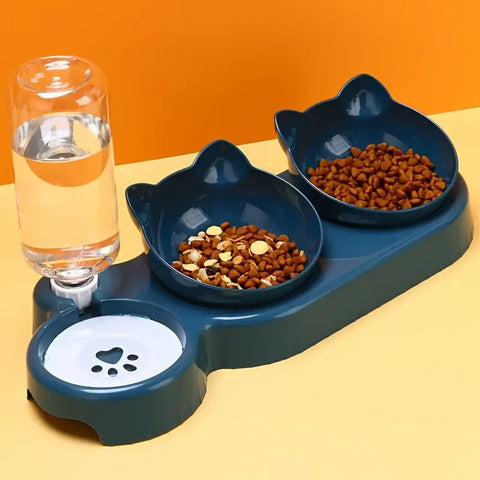Three In One Cat Feeding Station Durable Plastic Food And Water Bowls Cute Cat Ear Design Suitable For Two Cats To Eat