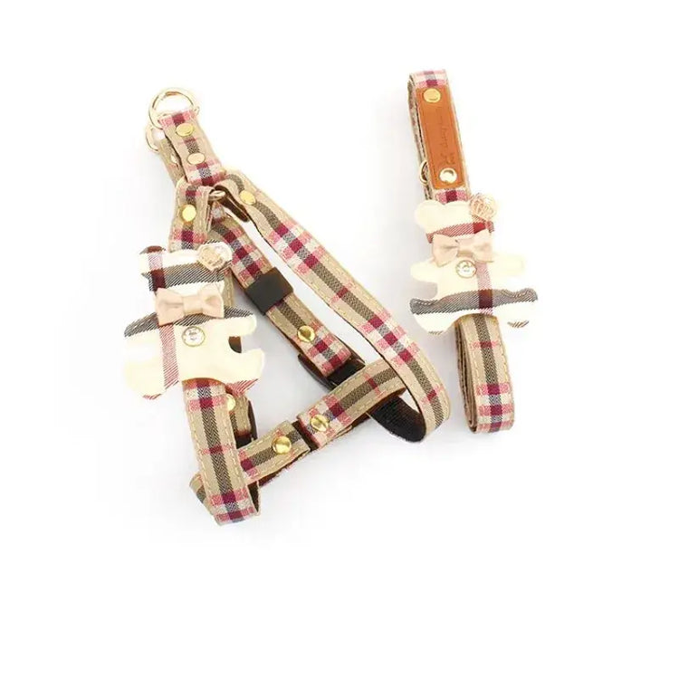2pcs/set Pet Vest Lovely Collar Dog Harness Leash Cat British Style Harness Dog Accessories,Teddy Chihuahua Pets