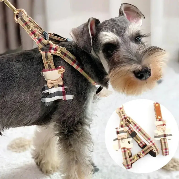 2pcs/set Pet Vest Lovely Collar Dog Harness Leash Cat British Style Harness Dog Accessories,Teddy Chihuahua Pets