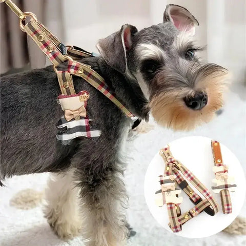 2pcs/set Pet Vest Lovely Collar Dog Harness Leash Cat British Style Harness Dog Accessories,Teddy Chihuahua Pets