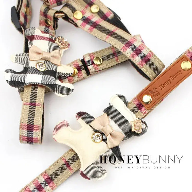 2pcs/set Pet Vest Lovely Collar Dog Harness Leash Cat British Style Harness Dog Accessories,Teddy Chihuahua Pets