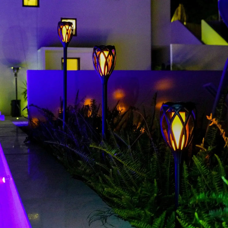 4-Piece Solar Light,Outdoor Hanging 3-in-1 Pathway Torch Lights with Flickering Flame Auto Landscape Lights for Garden