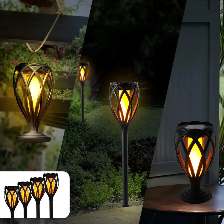 4-Piece Solar Light,Outdoor Hanging 3-in-1 Pathway Torch Lights with Flickering Flame Auto Landscape Lights for Garden