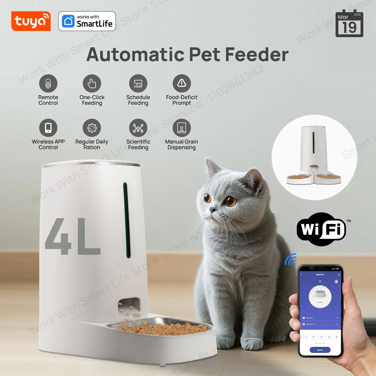 4L Automatic Pet Feeder for1/2Cats,WiFi Smart Feed Automatic Pet Feeder for Cats& Dogs,Timed Pet Food Dispenser with