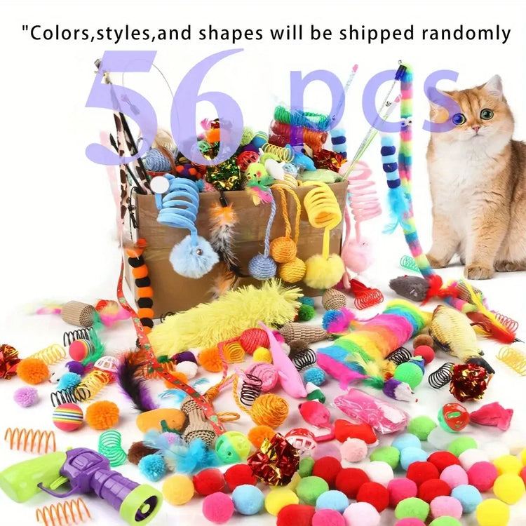 56pcs/28pcs/14pcs Cat Toys Mixed Pack. A Combination of Various Plastic Toys and Plush Toys Suitable for Multiple Cats