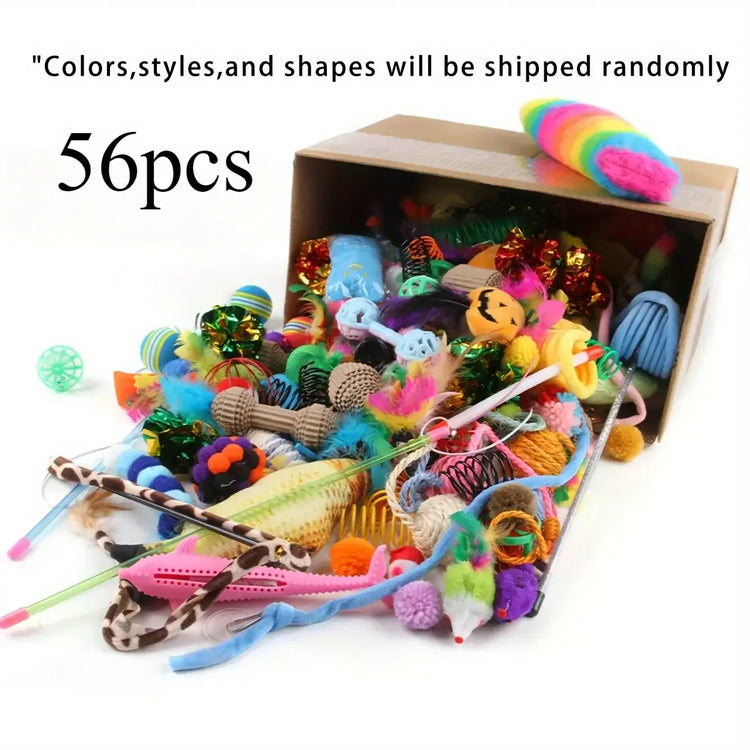 56pcs/28pcs/14pcs Cat Toys Mixed Pack. A Combination of Various Plastic Toys and Plush Toys Suitable for Multiple Cats