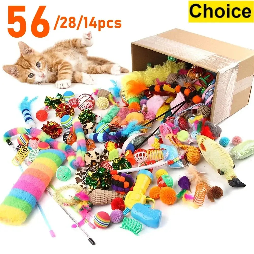 56pcs/28pcs/14pcs Cat Toys Mixed Pack. A Combination of Various Plastic Toys and Plush Toys Suitable for Multiple Cats