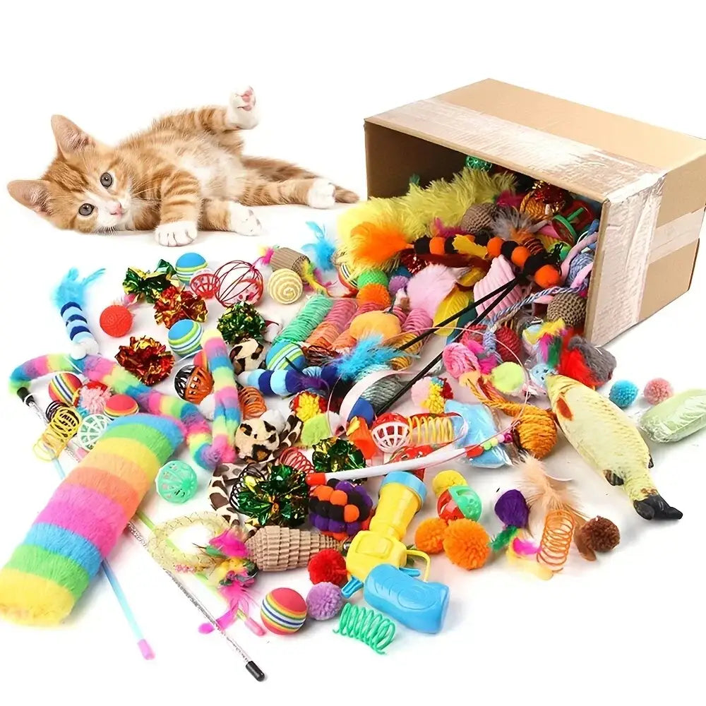 56pcs/28pcs/14pcs Cat Toys Mixed Pack. A Combination of Various Plastic Toys and Plush Toys Suitable for Multiple Cats