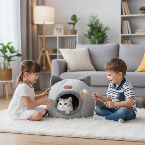 Lit chat hiver confortable avec un chat à l'intérieur, doux et cosy, parfait pour les nuits hivernales.