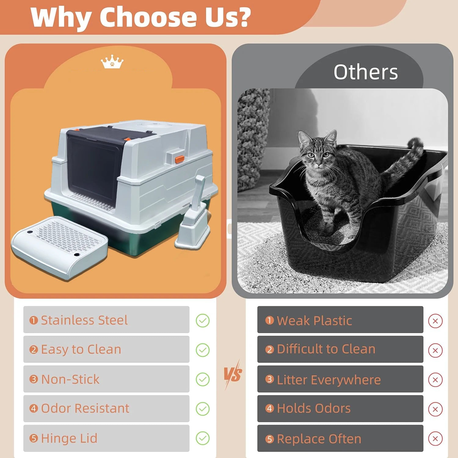 Bac à litière inox avec couvercle
