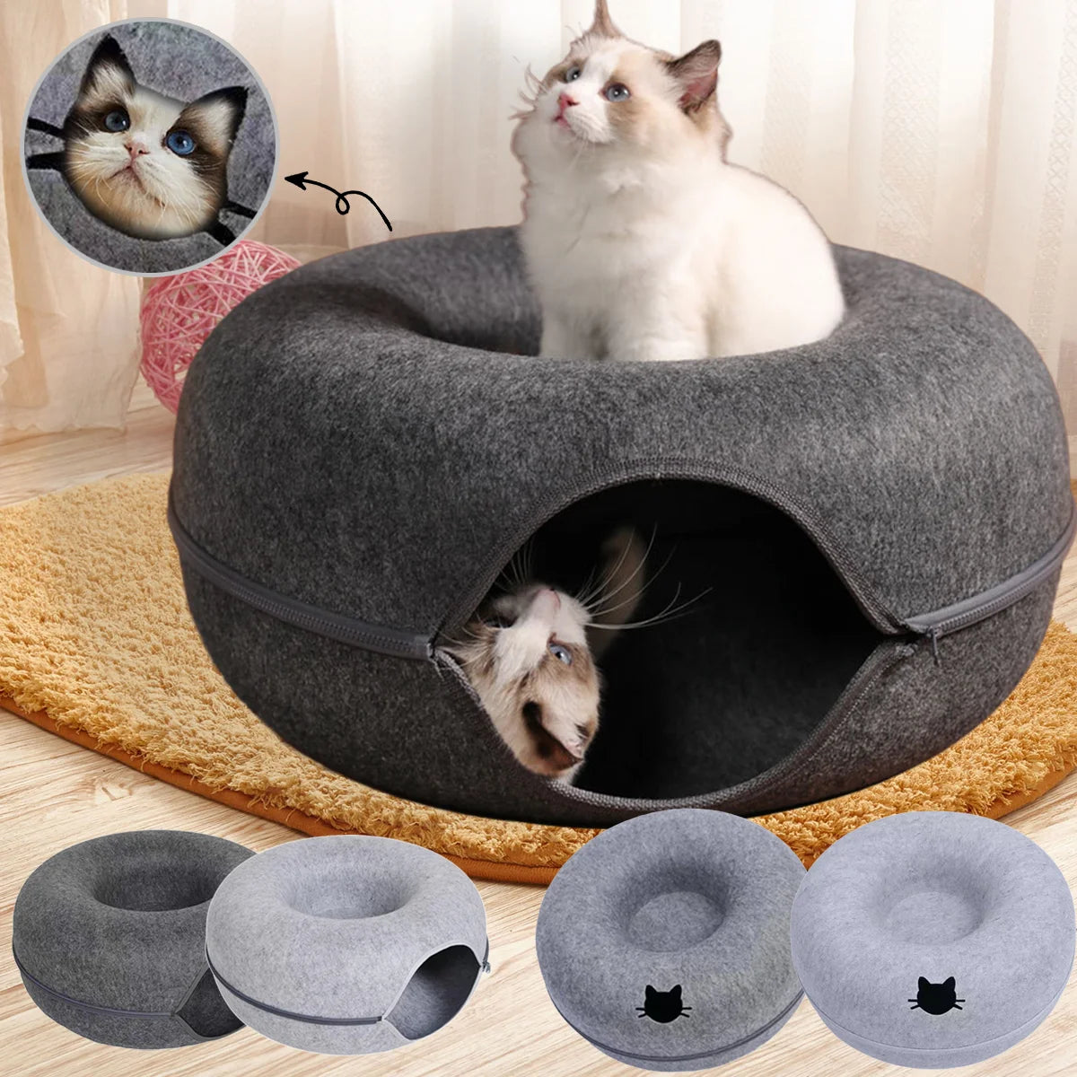 Lit donut pour chat en feutre – Confort premium