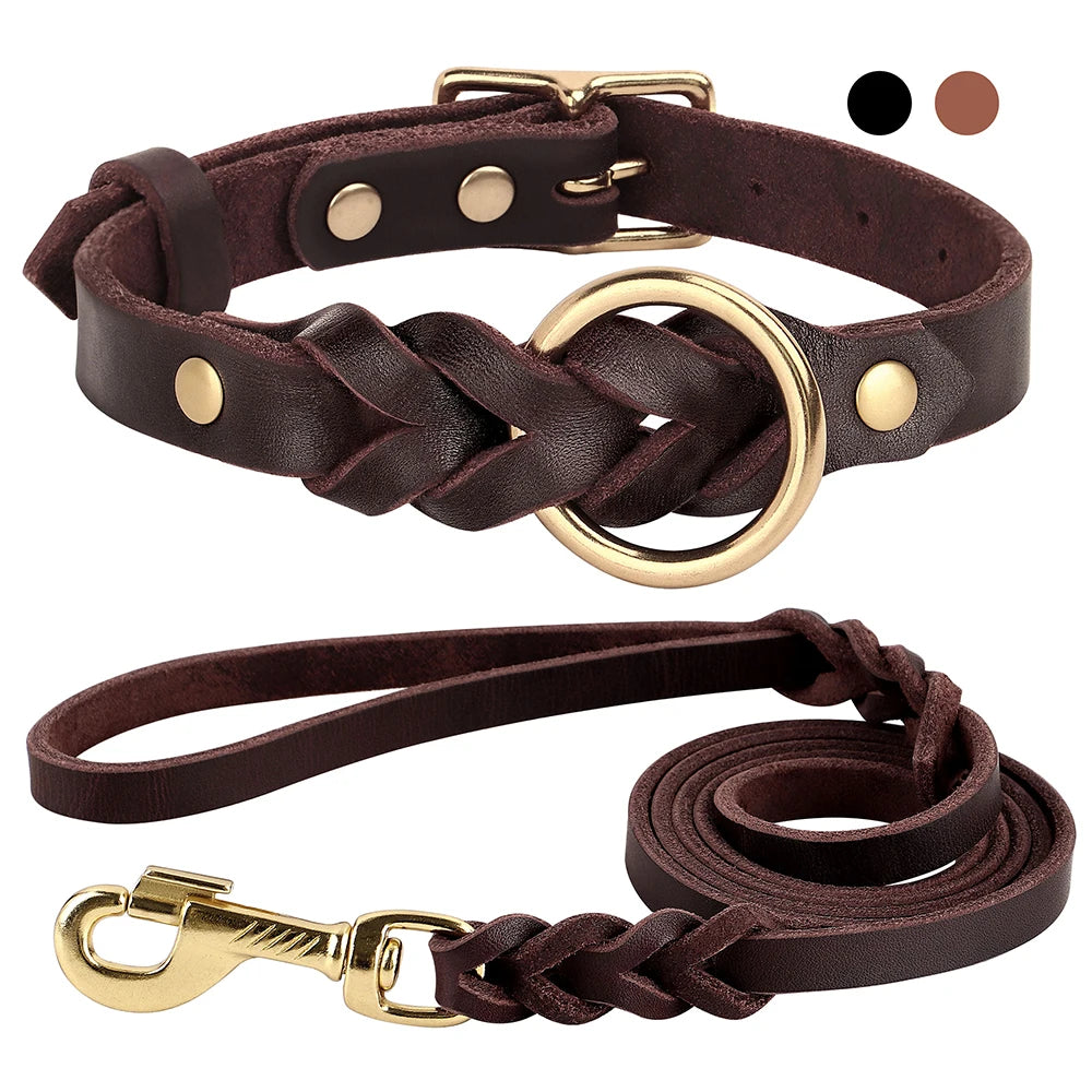 Leather Dog Collar Leash Set
