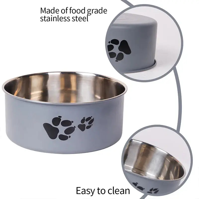 A cartoon-patterned pet bowl easy to clean made of stainless steel suitable for both outdoor and indoor pet owners.