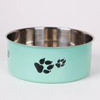 A cartoon-patterned pet bowl easy to clean made of stainless steel suitable for both outdoor and indoor pet owners.