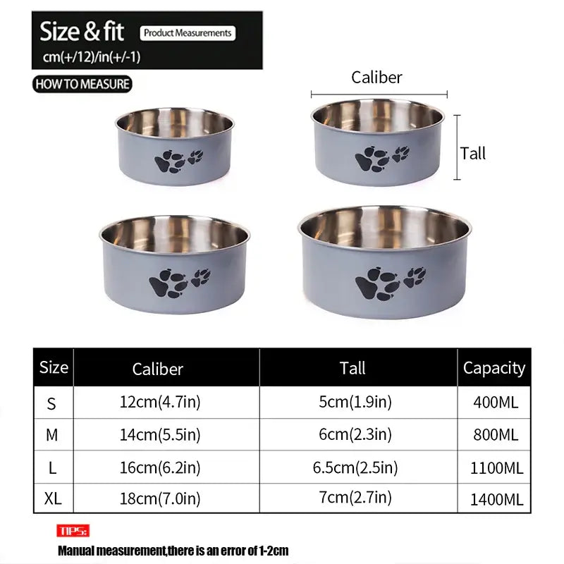 A cartoon-patterned pet bowl easy to clean made of stainless steel suitable for both outdoor and indoor pet owners.