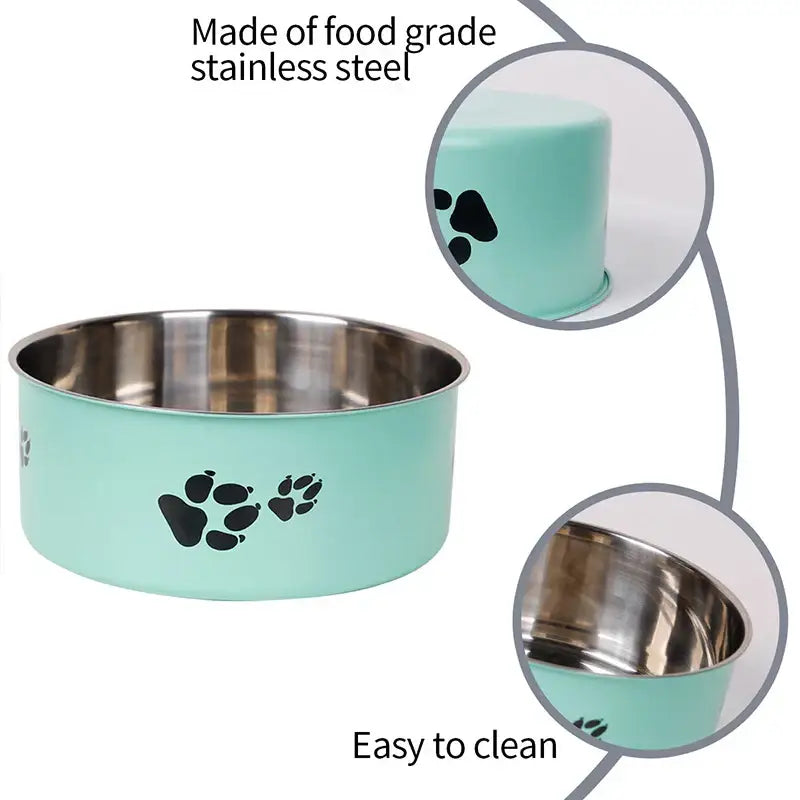 A cartoon-patterned pet bowl easy to clean made of stainless steel suitable for both outdoor and indoor pet owners.