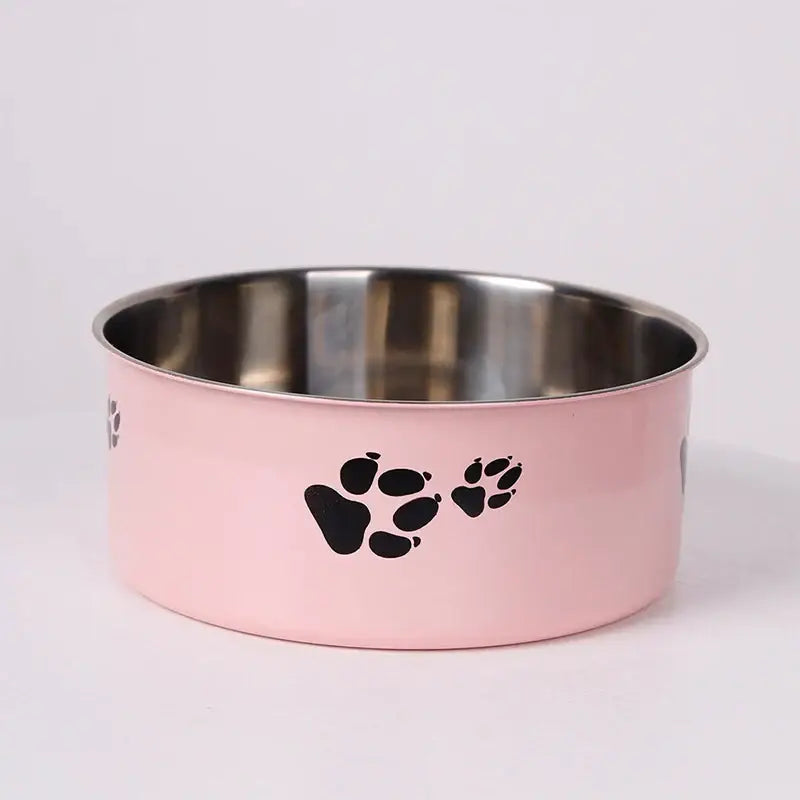 A cartoon-patterned pet bowl easy to clean made of stainless steel suitable for both outdoor and indoor pet owners.