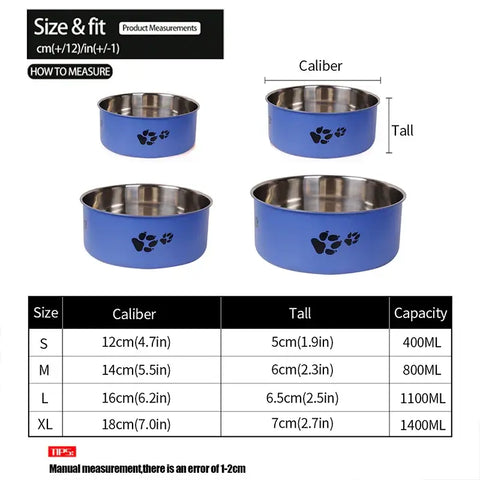 A cartoon-patterned pet bowl easy to clean made of stainless steel suitable for both outdoor and indoor pet owners.