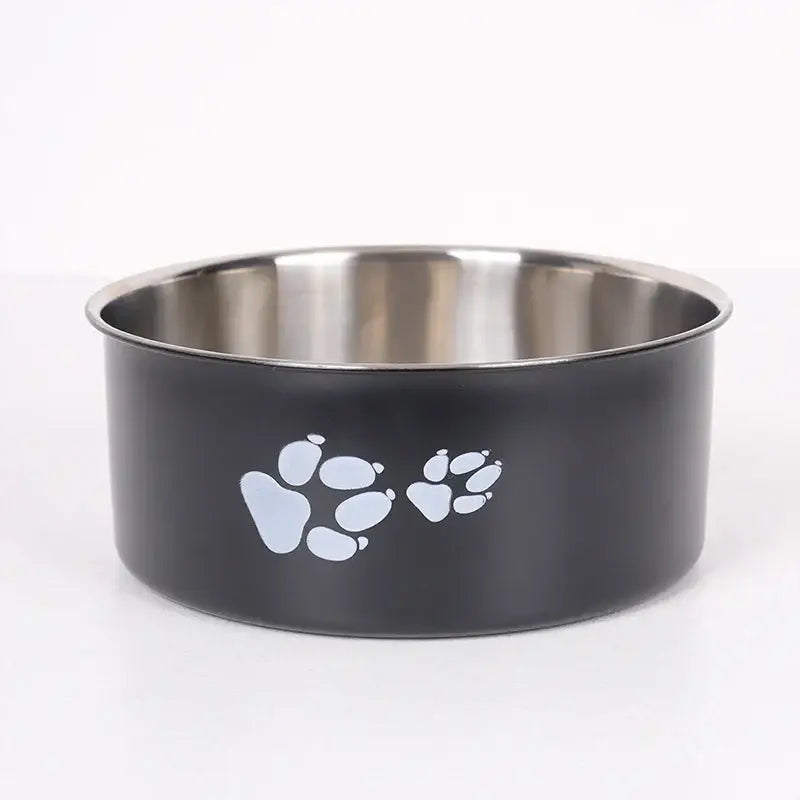 A cartoon-patterned pet bowl easy to clean made of stainless steel suitable for both outdoor and indoor pet owners.