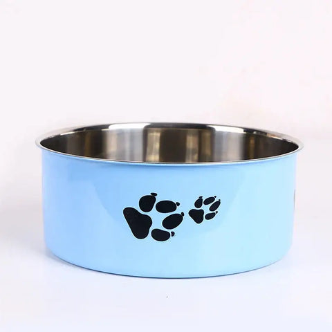 A cartoon-patterned pet bowl easy to clean made of stainless steel suitable for both outdoor and indoor pet owners.