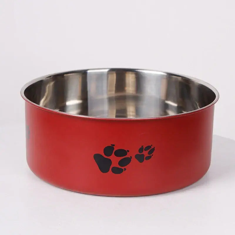 A cartoon-patterned pet bowl easy to clean made of stainless steel suitable for both outdoor and indoor pet owners.