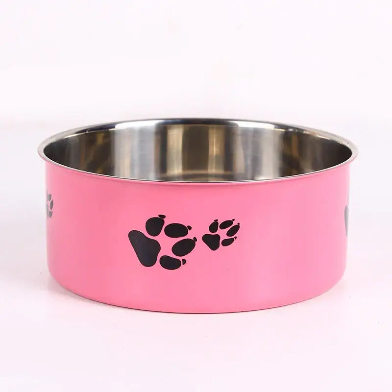 A cartoon-patterned pet bowl easy to clean made of stainless steel suitable for both outdoor and indoor pet owners.