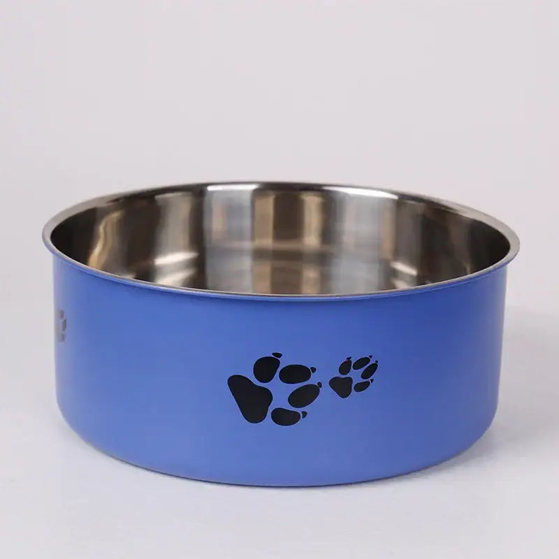 A cartoon-patterned pet bowl easy to clean made of stainless steel suitable for both outdoor and indoor pet owners.