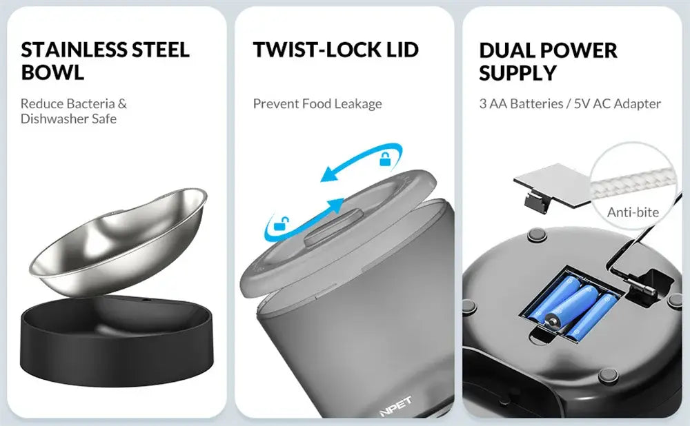 Automatic Cat Feeders 4L Timed Cat Dry Food Dispenser Dual Power Supply Programmable Portion Control Auto Pet Feeder