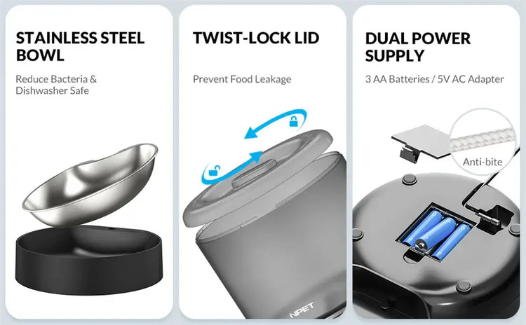 Automatic Cat Feeders 4L Timed Cat Dry Food Dispenser Dual Power Supply Programmable Portion Control Auto Pet Feeder