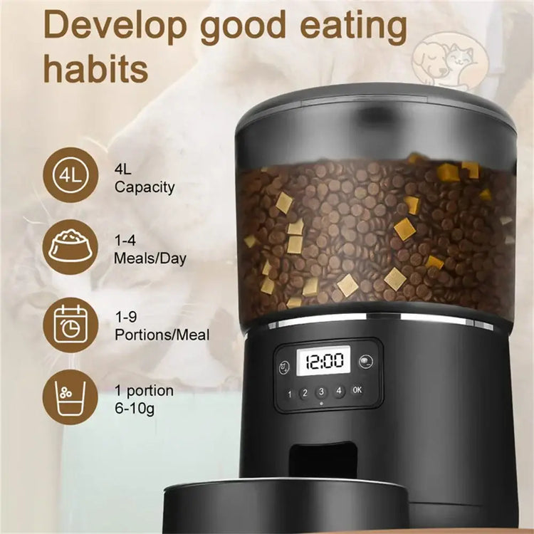 Automatic Cat Feeders 4L Timed Cat Dry Food Dispenser Dual Power Supply Programmable Portion Control Auto Pet Feeder