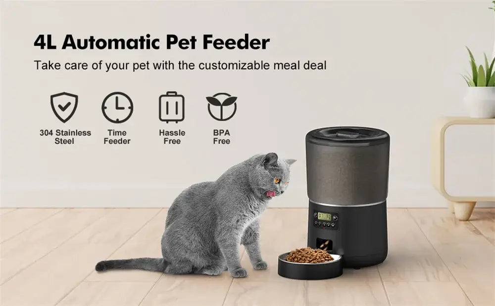 Automatic Cat Feeders 4L Timed Cat Dry Food Dispenser Dual Power Supply Programmable Portion Control Auto Pet Feeder