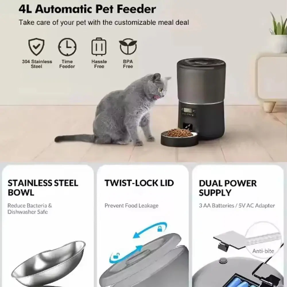 Automatic Pet Feeder 4L Capacity Smart Timer Tuya Control Food Dispenser with Stainless Steel Bowl Dogs Cats Feeding