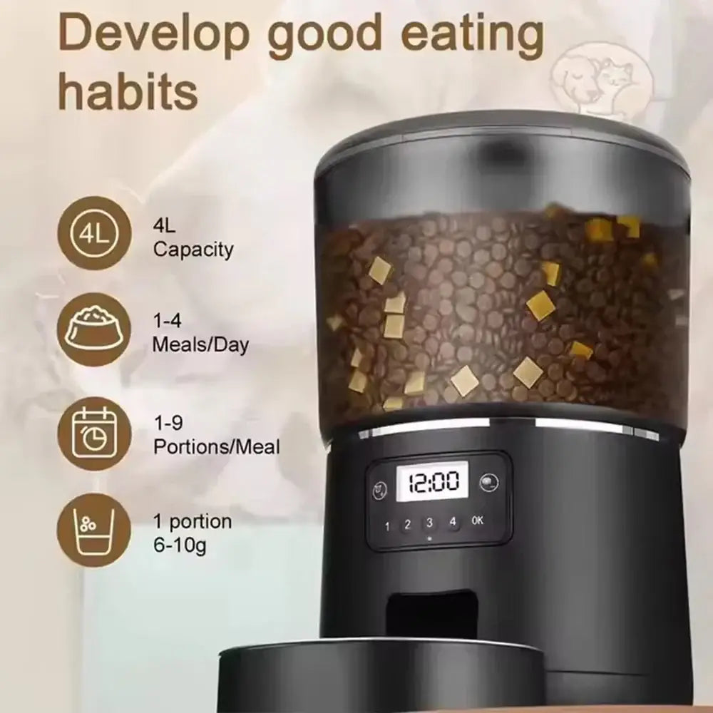 Automatic Pet Feeder 4L Capacity Smart Timer Tuya Control Food Dispenser with Stainless Steel Bowl Dogs Cats Feeding
