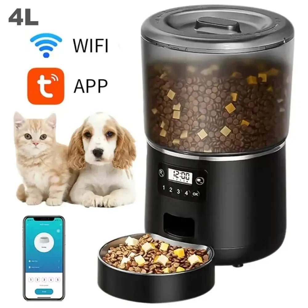 Automatic Pet Feeder 4L Capacity Smart Timer Tuya Control Food Dispenser with Stainless Steel Bowl Dogs Cats Feeding