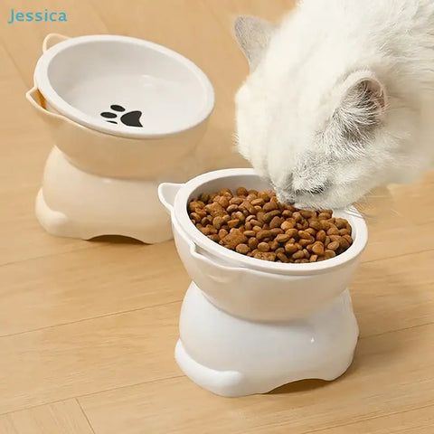 ♥Cat Dog Food Water Bowl-Raised Pet Feeder with Non-Slip Base & Paw Print Design,Neck Protection Bowl for Small Medium