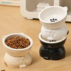 ♥Cat Dog Food Water Bowl-Raised Pet Feeder with Non-Slip Base & Paw Print Design,Neck Protection Bowl for Small Medium