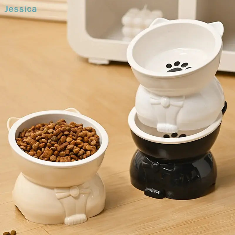 ♥Cat Dog Food Water Bowl-Raised Pet Feeder with Non-Slip Base & Paw Print Design,Neck Protection Bowl for Small Medium