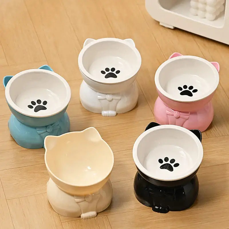 ♥Cat Dog Food Water Bowl-Raised Pet Feeder with Non-Slip Base & Paw Print Design,Neck Protection Bowl for Small Medium