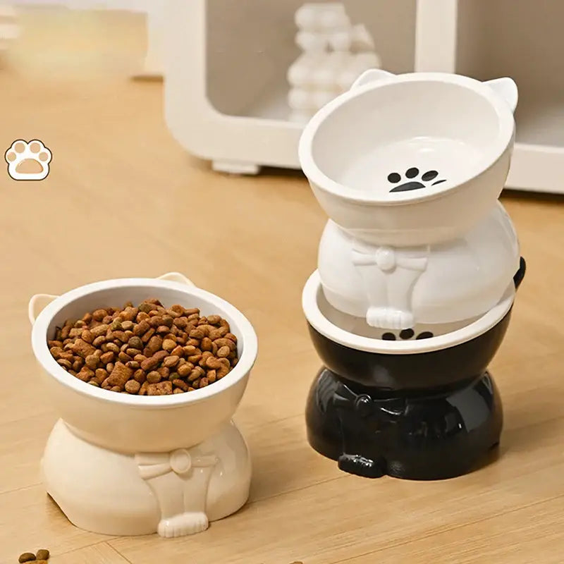 ♥Cat Dog Food Water Bowl-Raised Pet Feeder with Non-Slip Base & Paw Print Design,Neck Protection Bowl for Small Medium