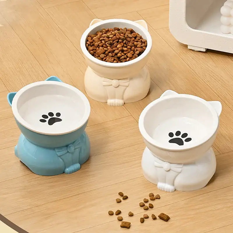 ♥Cat Dog Food Water Bowl-Raised Pet Feeder with Non-Slip Base & Paw Print Design,Neck Protection Bowl for Small Medium
