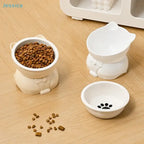 ♥Cat Dog Food Water Bowl-Raised Pet Feeder with Non-Slip Base & Paw Print Design,Neck Protection Bowl for Small Medium