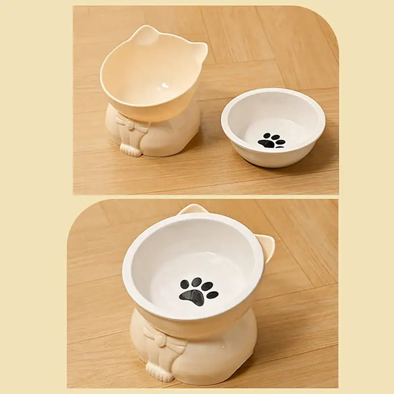 ♥Cat Dog Food Water Bowl-Raised Pet Feeder with Non-Slip Base & Paw Print Design,Neck Protection Bowl for Small Medium