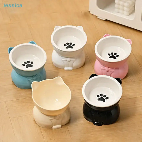 ♥Cat Dog Food Water Bowl-Raised Pet Feeder with Non-Slip Base & Paw Print Design,Neck Protection Bowl for Small Medium