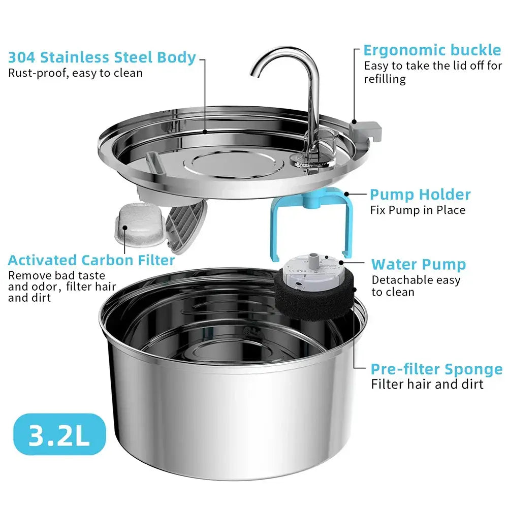 Cat Drinking Fountain Automatic Stainless Steel Pet Fountains Water Dispenser Ultra-quiet Pump Water Foutain for