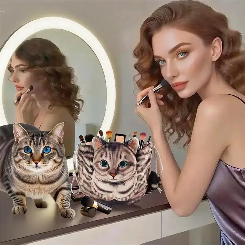 Cat-Shaped Cosmetic Storage Bag,Drawstring Closure,Cute Travel Size Makeup Skincare Toiletry Organizer Pouch,Gift for