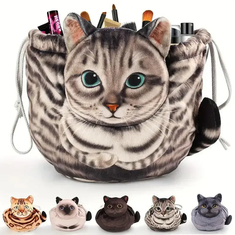 Cat-Shaped Cosmetic Storage Bag,Drawstring Closure,Cute Travel Size Makeup Skincare Toiletry Organizer Pouch,Gift for